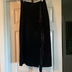 Black suede leather fringe skirt.